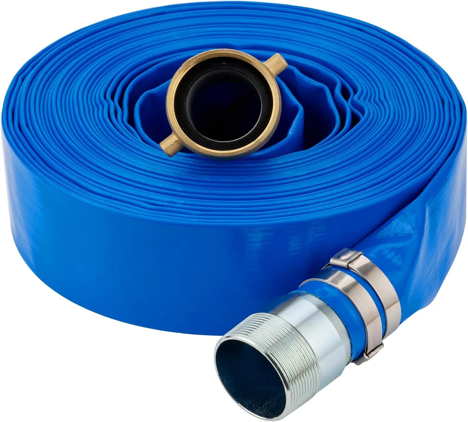 

1-1/4" x 100ft PVC Lay Flat Water Pump Discharge Hose with NPT Pin Lug and Nipple Fittings, Heavy Duty Reinforced Pool Backwa