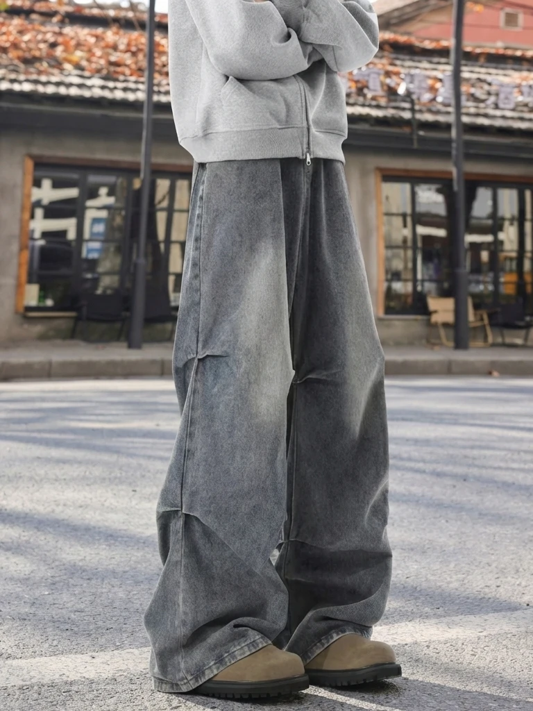 

American Sle Men's Folded Wide Leg Jeans Summer Loose Straight Cut High Street Pants Retro Waed Polyester Cotton Blend