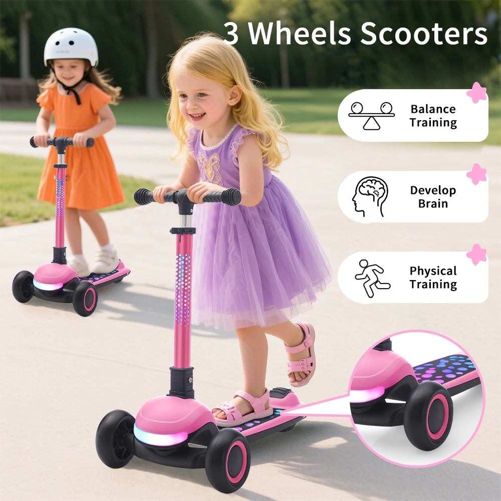 Kids Scooter Ages 3-10 One-Click Folding 4 Height Adjustable Handlebar Rear Brake Light up Wide Deck Scooter