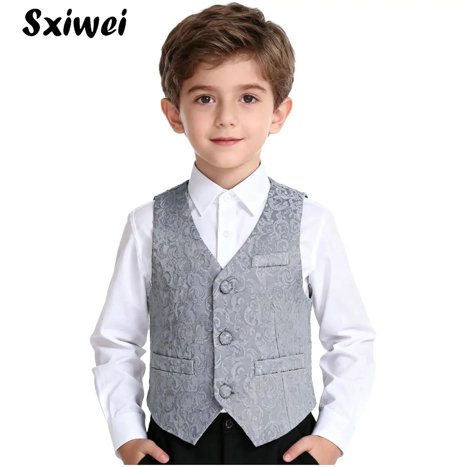 

Boys Gentleman Formal Suit Vest Exquisite Jacquard Waistcoat Sleeveless Pointed Slim Blazer Jacket Tops Wedding Birthday Clothes