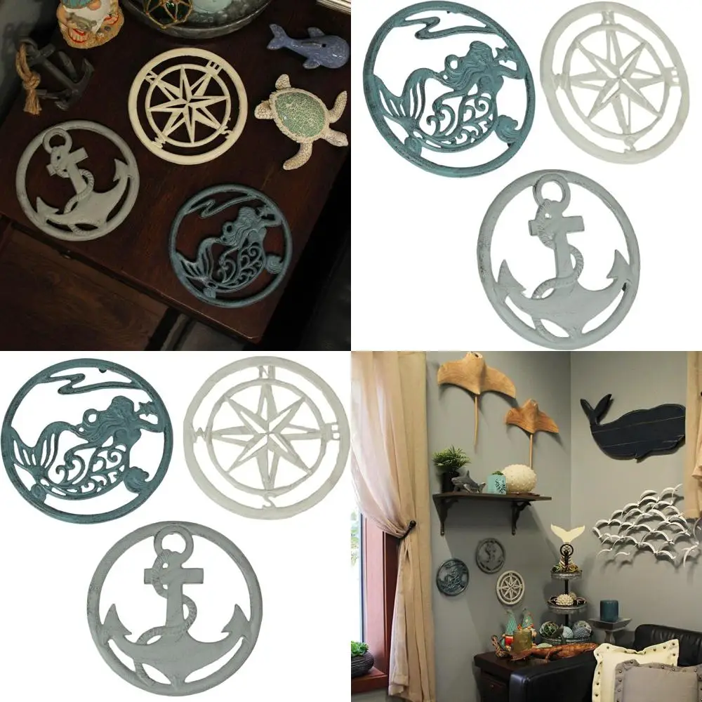 

Mermaid, Anchor, Compass Rose Cast Iron Trivets - Set of 3 Nautical Decor for Kitchen and Wall, 7.75
