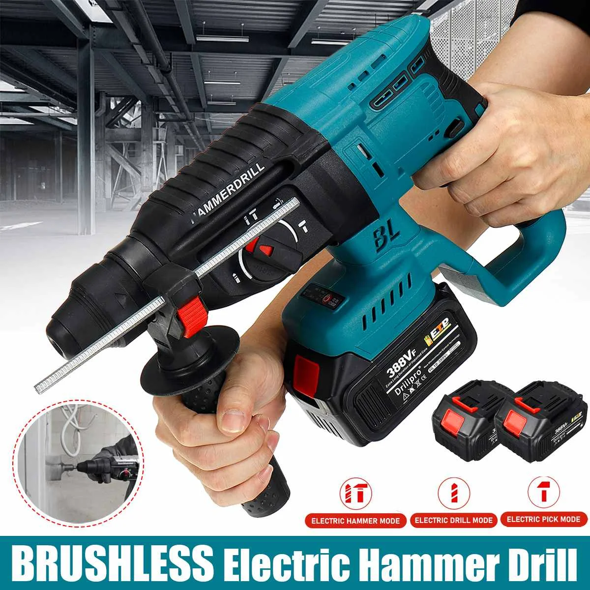 Dillpro 26MM Brushless Electric Hammer Drill Electric Pick Impact Multi-function Cordless Rotary Tool For 18V Battery