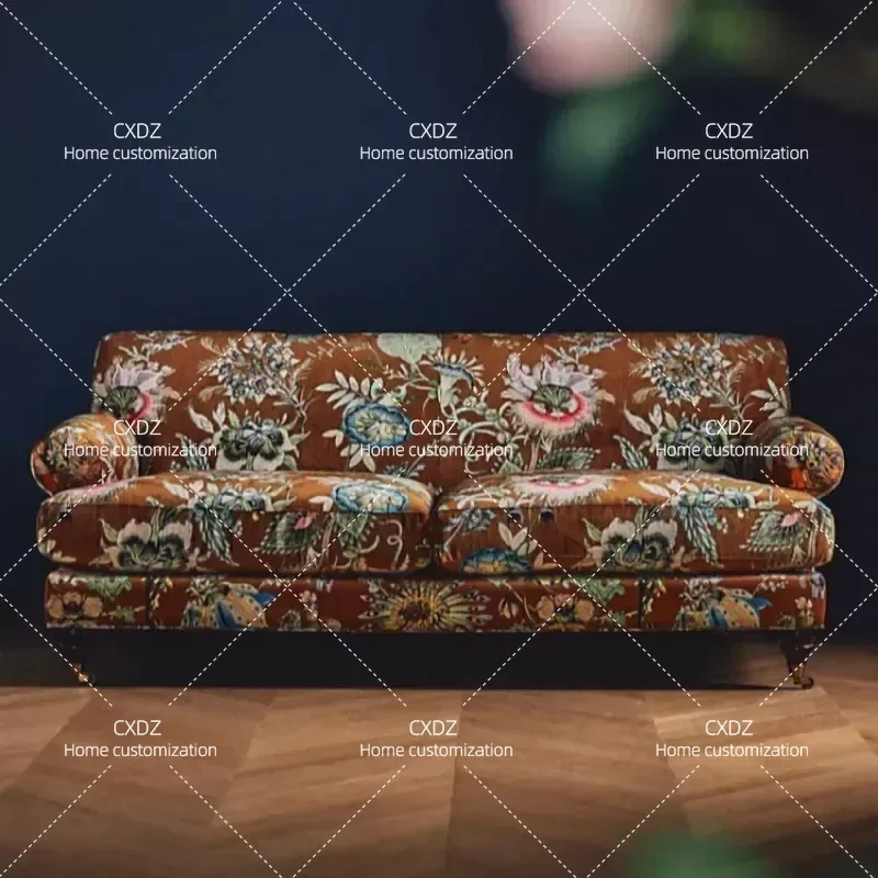 Pastoral Living Room Straight Three Seater Antique Sofa British Retro Flannel Printed Fabric Couch