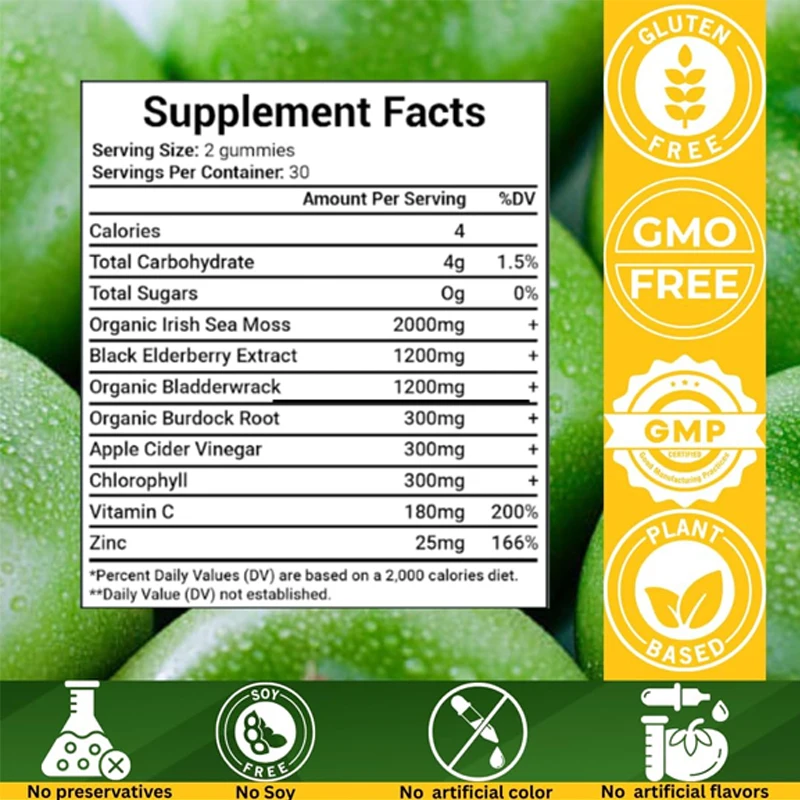 Seaweed Gummies Contain Apple Cider Vinegar, Organic Seaweed, Bladder and Burdock Roots, Intestinal Support, Gluten Free
