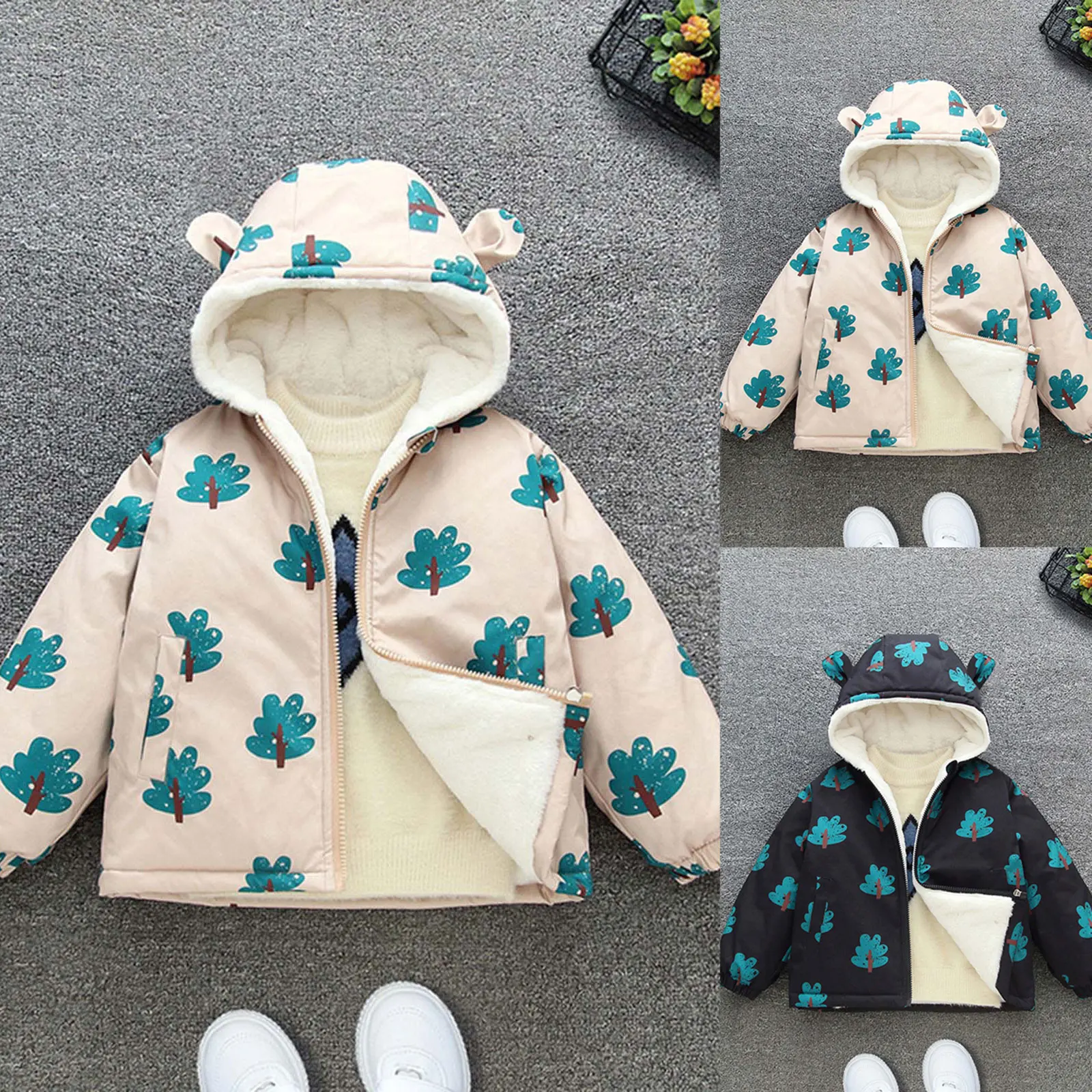

Children Lined Coat Cute Cartoon Printed Hooded Jacket Outdoor Windproof Jackets Boys Fleece Warm Winter Overcoat For Kids