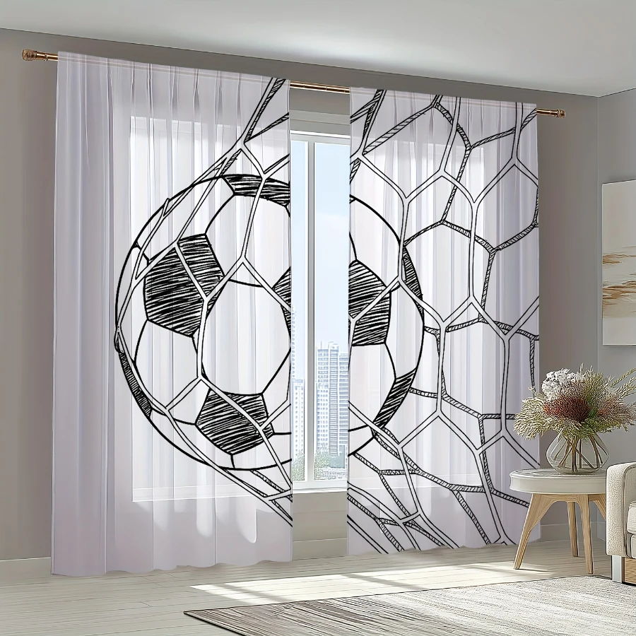 2PCS Digital Print Sheer Curtain, Football Soccer Goal Shooting Pattern, Energetic Athletic Boys Teenager Bedroom Game Decor