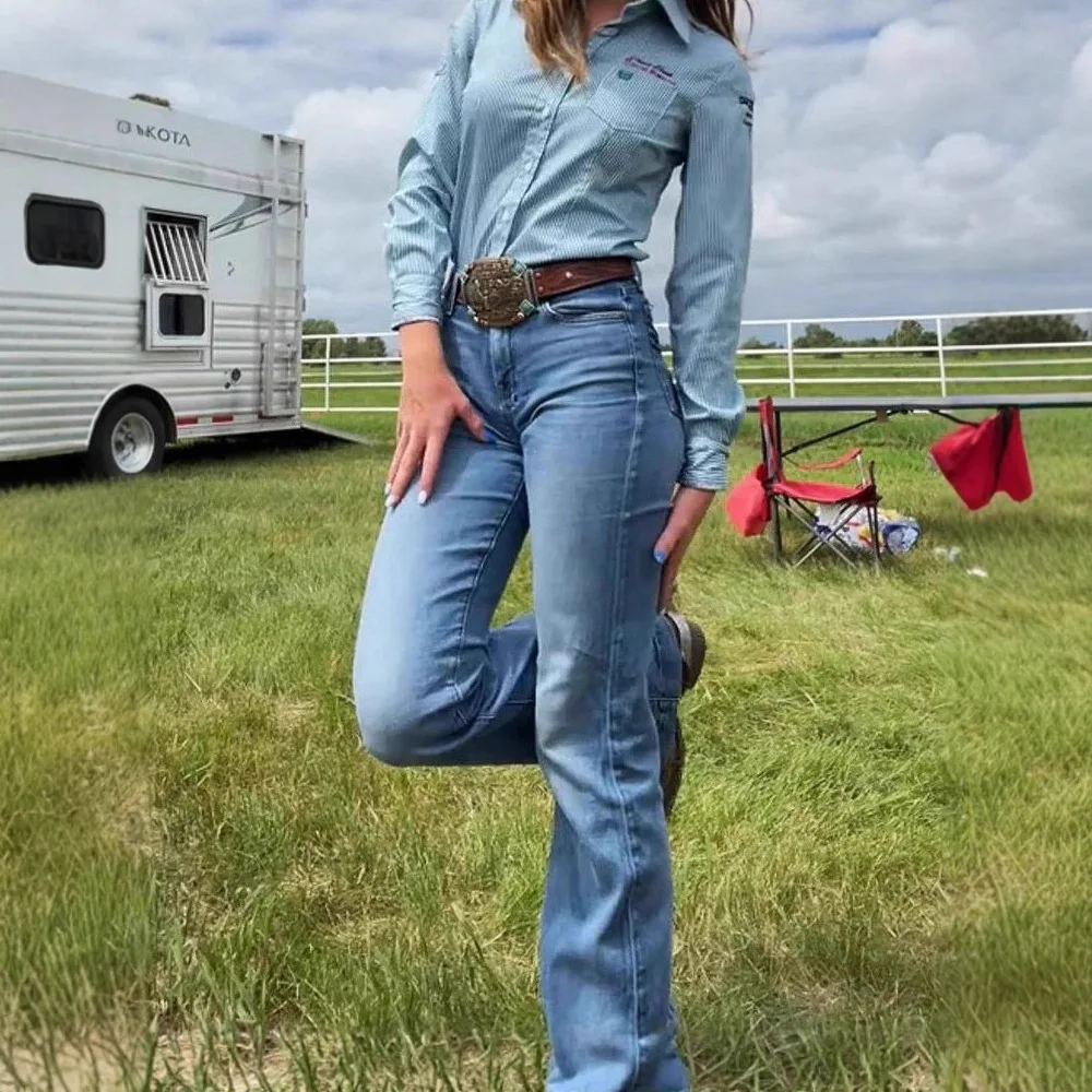 سراويل جينز نسائية مضيئة بخصر عالٍ سراويل جينز ضيقة قابلة للتمدد وجيب مغسول 2025 Y2k أمي جينز عتيق من قماش الدنيم #2