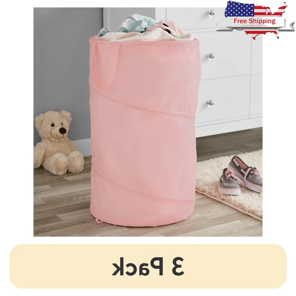 

3 Pack Pop Up Spiral Laundry Hamper Carry Handles Foldable Durable Polyester Mesh Easy Storage Moisture Odor Resistant Perfect