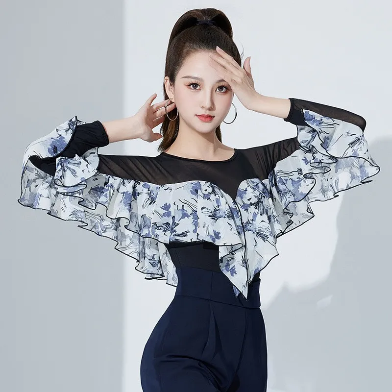 

Elegant Ballroom Dance Graduation Tops Classical Practice Ruffle Ballet Wear Belly Standard Dances Woman Shirt Costume Clothing