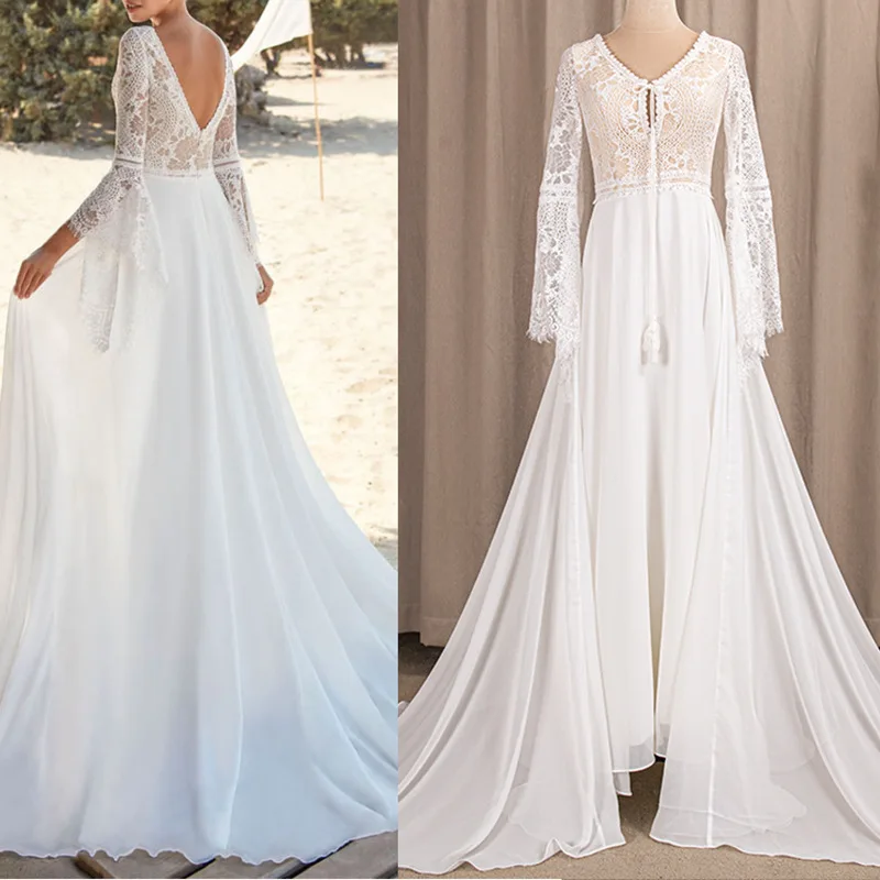 

2025 Beach Boho Long Sleeves Wedding Dress V Neck Custom Made Plus Size Backless Cut Out Lace Destination Vestidos De Noiva