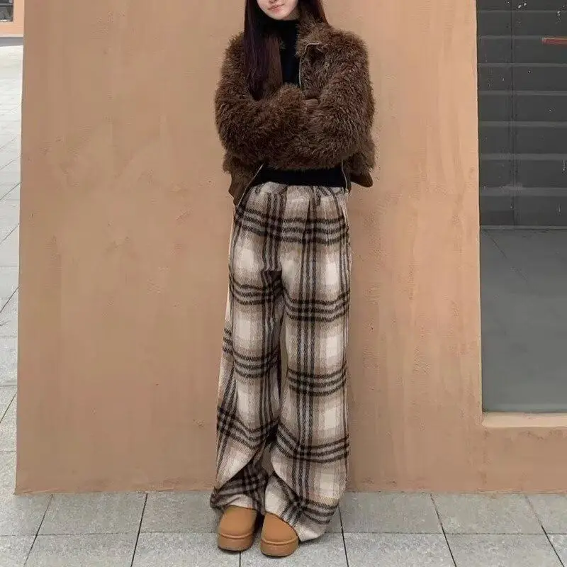 

2025 Winter Fleece High-Waist Vintage Tweed Plaid Wide Leg Pants