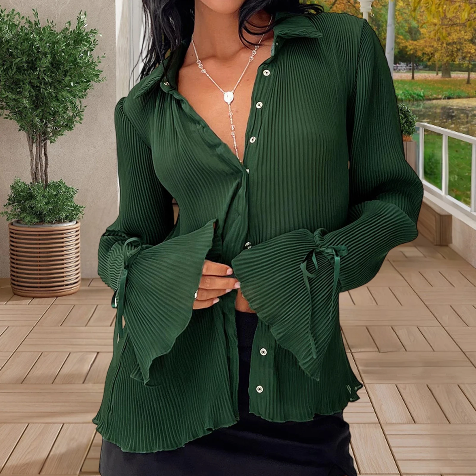 Nowe Modne Damskie Plisowane Koszule Jednolite Kolory Długi Rozkloszowany Rękaw Kołnierzyk Zapinana na Guziki Bluzka Codzienna Jesienna Odzież Uliczna S-XL
