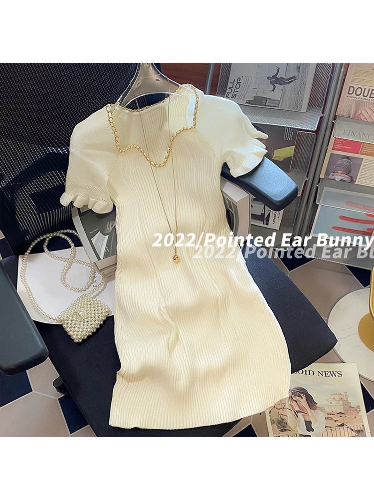 

2023 Summer Basics Short Sleeve Asymmetrical Collar Knitting Mini Dresses Women Elegant Classic Office Lady A-Line Ladies Dress