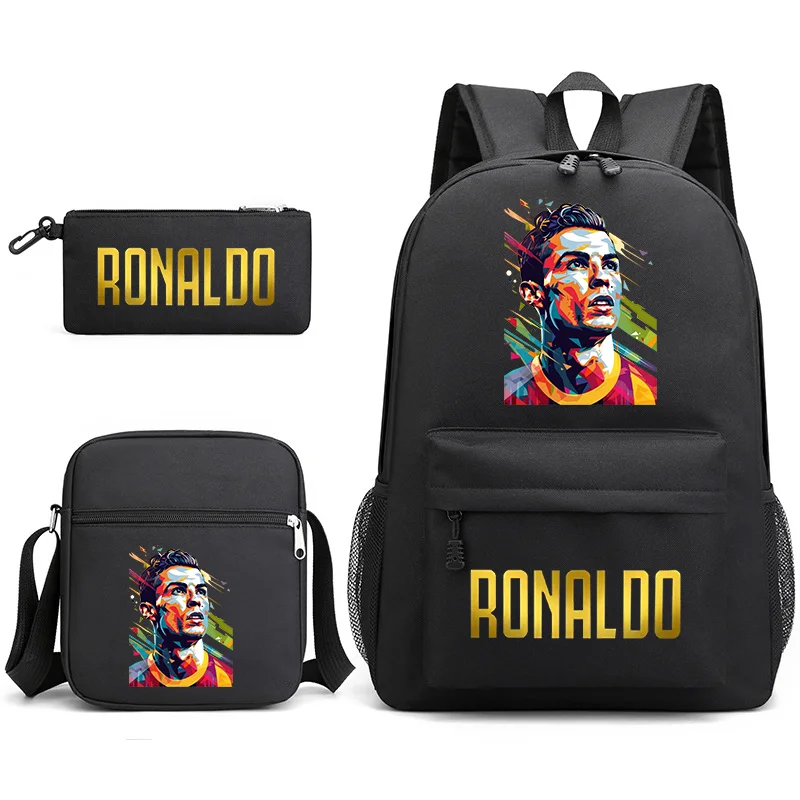 New Fashion Ronaldo Pattern Printed 3 Piece Backpack Cool Ronaldo School Backpack Shoulder Bag Pen Bag