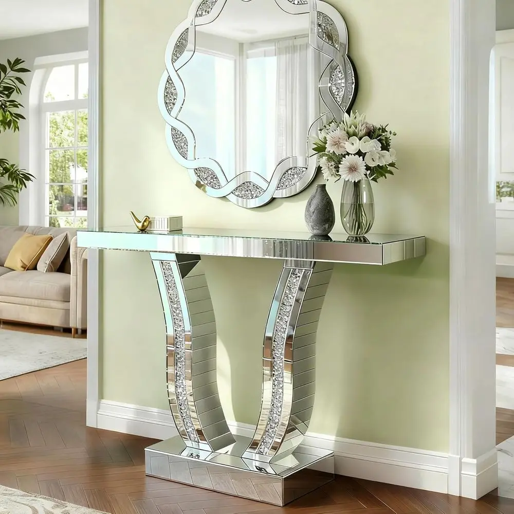 

Glamorous Silver Entryway Sofa Table with Stone-Accented Legs and Mirrored Surface