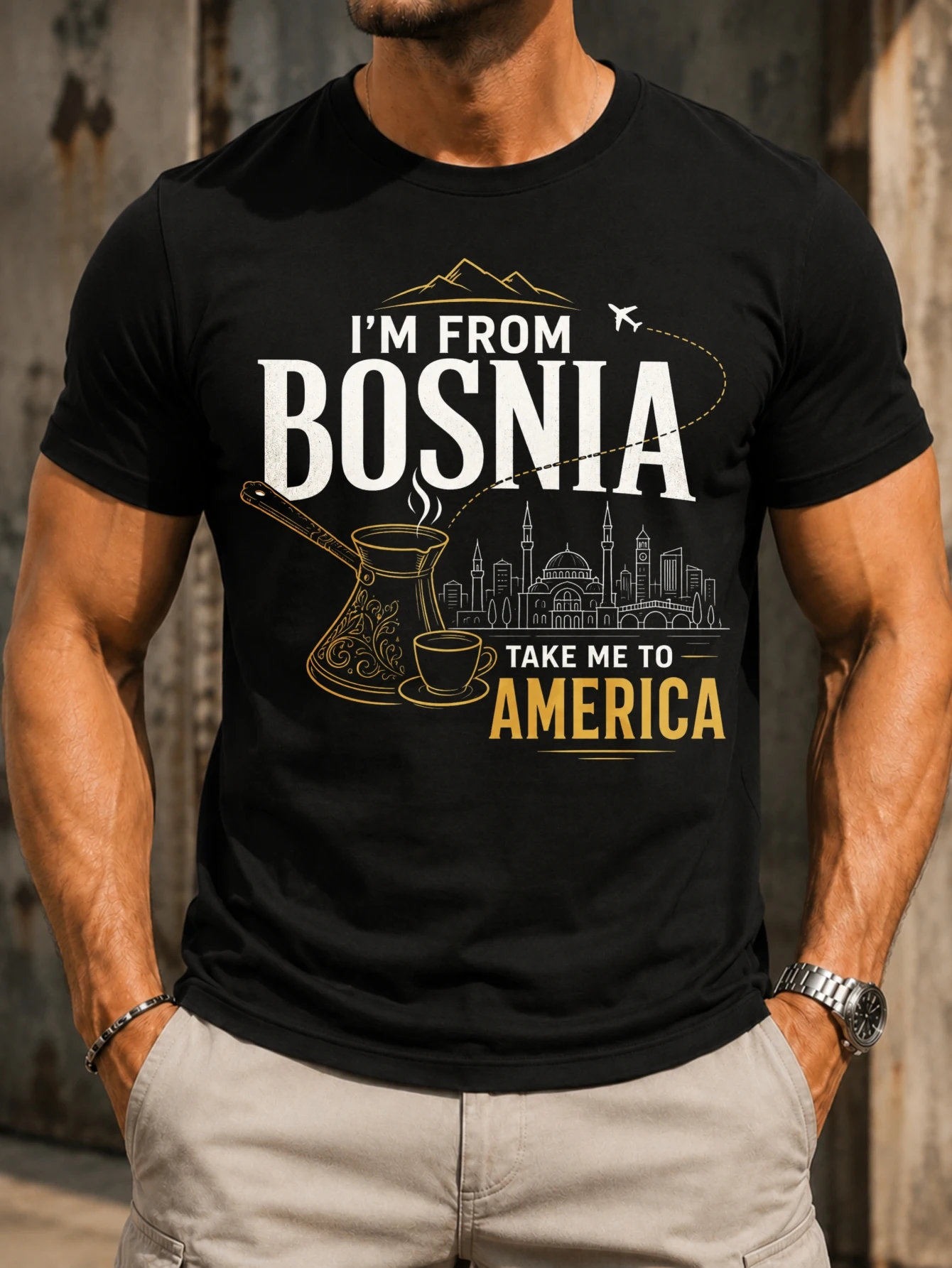 m From Bosnia Take Me To America coffee pot line art city skyline airplane route and bold travel  Unisex All T-Shirt