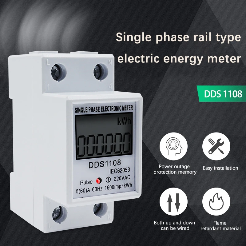 60A DDS1108 LCD Digital Display Single Phase Energy Meter With Backlight Single Phase Energy Meter Test Meters Detectors