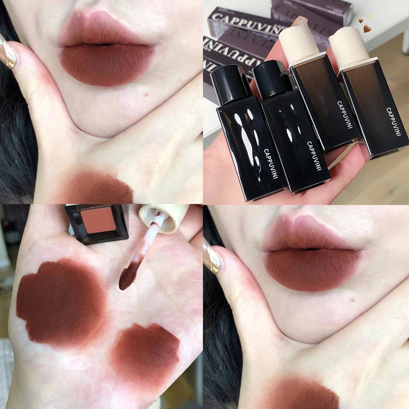 Cappuvini misterioso âmbar sedoso suave lama labial mousse fosco brilho labial cor nude lábios base maquiagem à prova dwaterproof água cosméticos duradouros