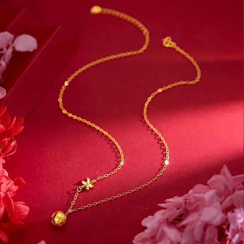 9999 Real Gold 24K Snowflake Bell Set Chain Fashion Personality Trend ins Wind Bell Clavicle Necklace Female