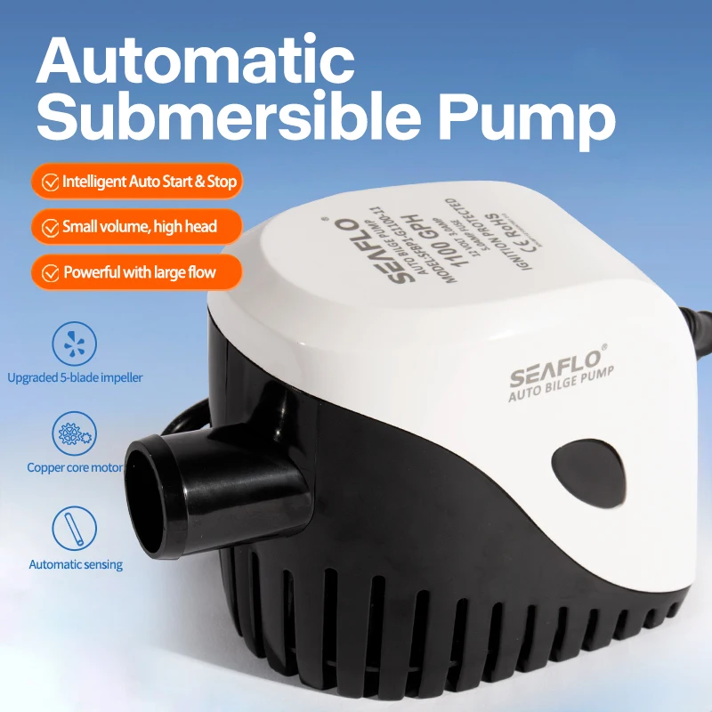 SEAFLO Automatic Submersible Bilge Pump with Auto Start/Stop High Flow Marine Boat Pump with 5-Blade Impeller Copper Core Motor
