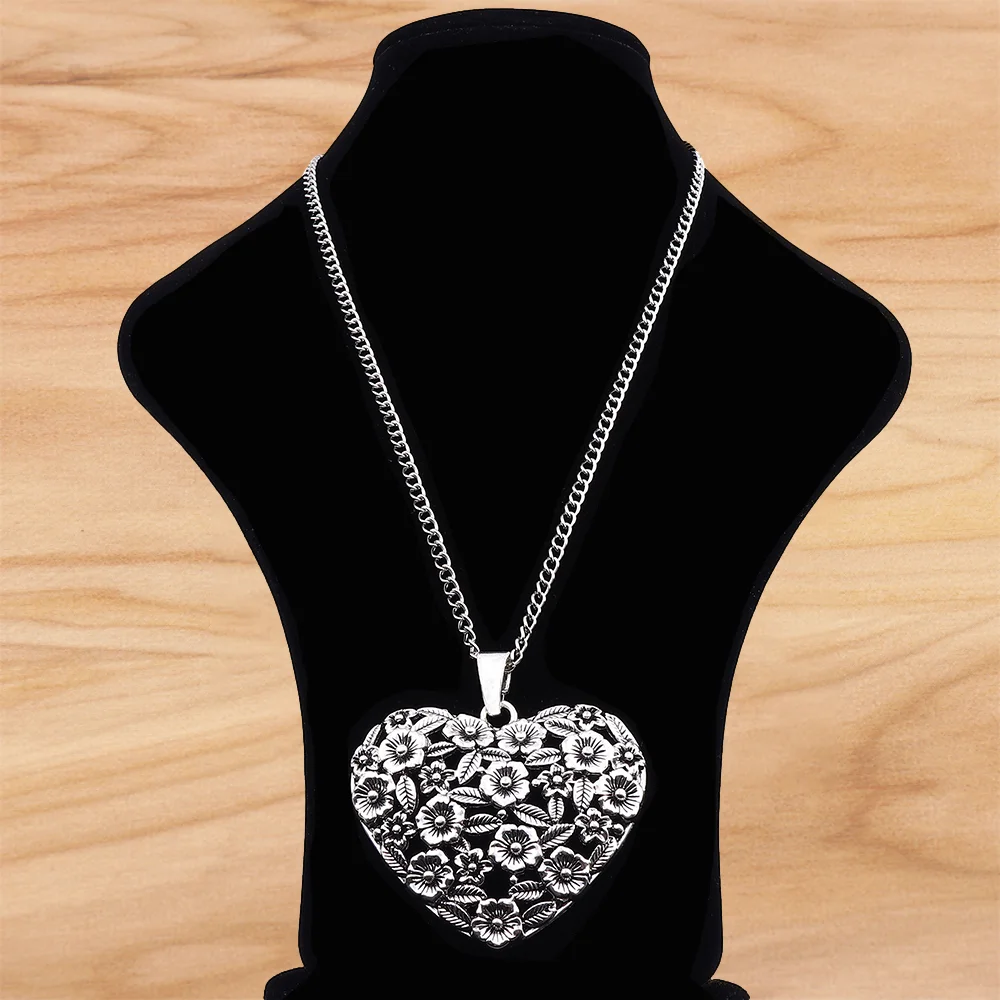 

Tibetan Silver Tone Open Hollow Flower Leaf Heart Pendant Necklace on Long Chain Lagenlook 34 Inches for Jewelry Women