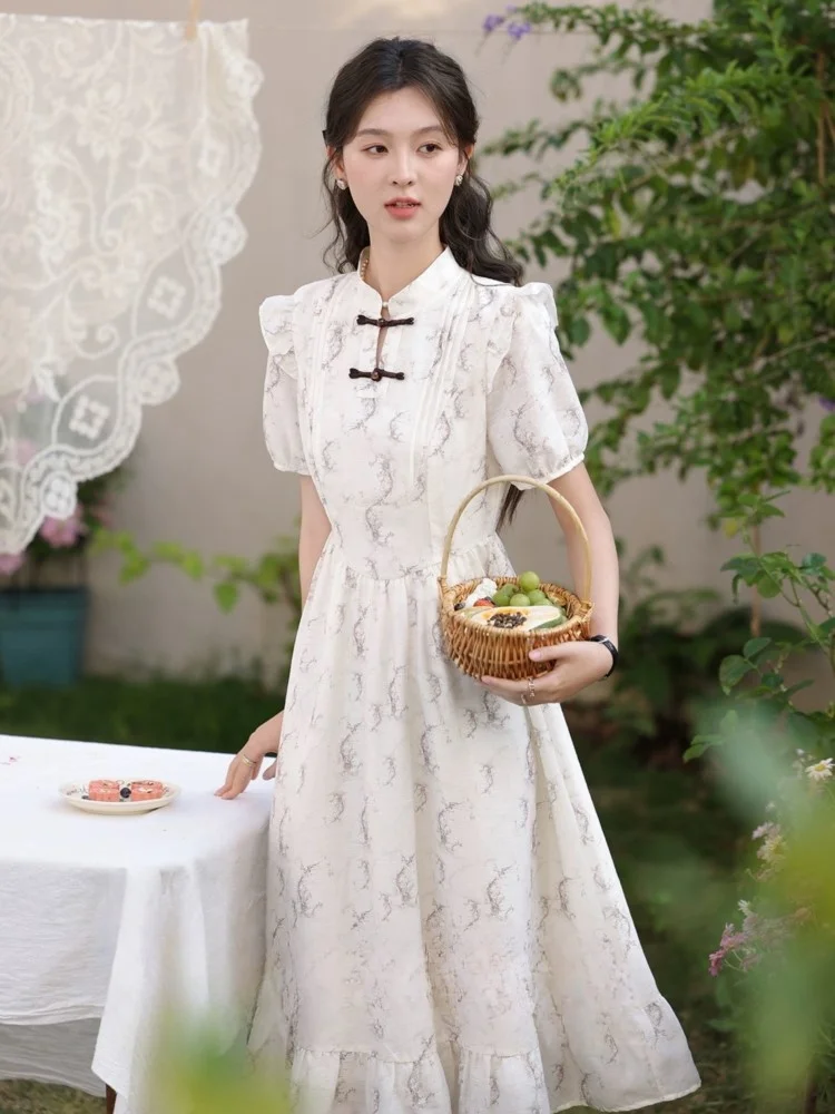 

Women Summer Chiffon Print Midi Dress New Chinese Retro Short Sleeve Pleated A Line Slim Waist Vestidos Chic Elegant Party Robe