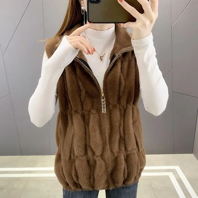 Slimming Faux Mink Knit Cardigan for Women 2025 Korean Autumn Vest with Zipper Versatile Outerwear
