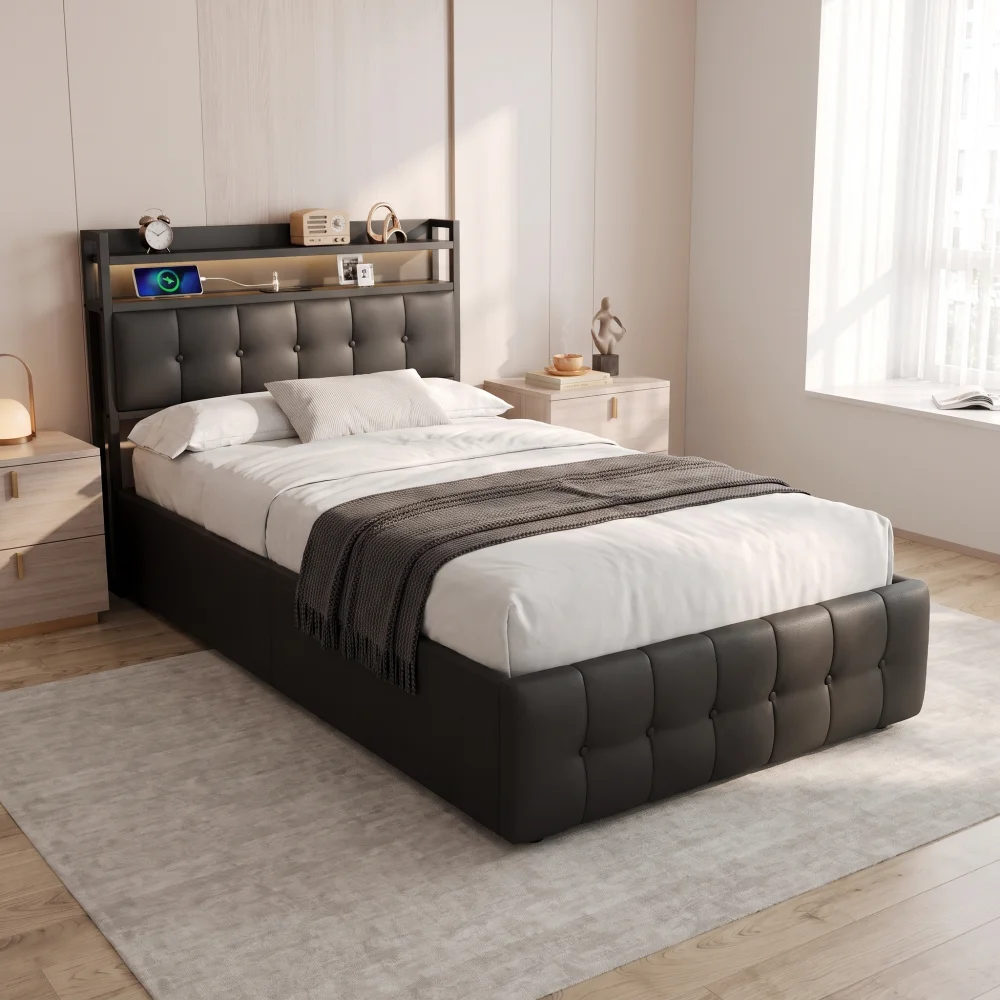 Letto per bambini Simurq, dimensioni 90x200 cm, con contenitore integrato, rivestito, letto singolo, con struttura a piattaforma e meccanismo a gas, con testiera, in poliuretano, colore nero.