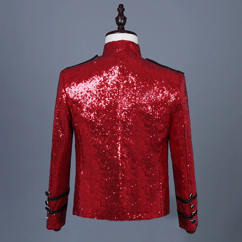 Men\'s Red Sequin Steampunk Military Jacket Double Breasted Punk Gothic Parade Suit Jacket Men Party Singer Show Prom Costume