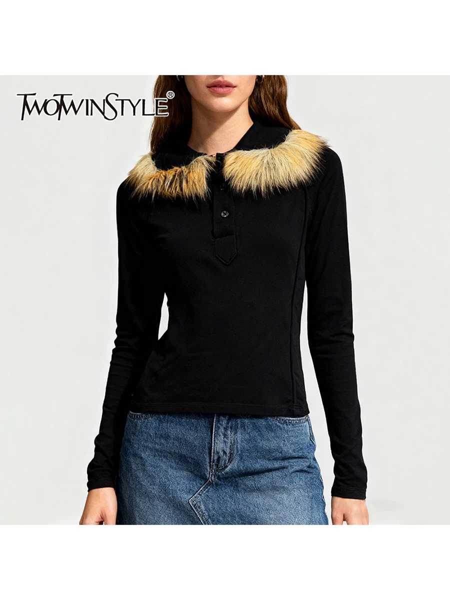 

TWOTWINSTYLE Solid Slimming Spliced Buttons Fashion T Shirts for Women Lapel Long Sleeves Patchwork Fur Casual T Shirt Female