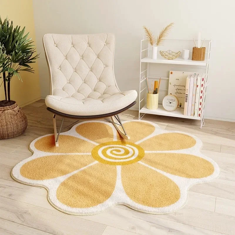 VIKAMA Yellow Daisy Flower Shaped Rug Spiral Center Floral Print Soft Fluffy Non Slip Washable Bedroom Chair Decor Floor Mat