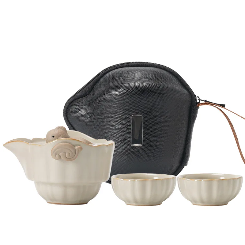 Beige Ru Ware Travel Tea Set Portable Outdoor One Pot Two Cups Porcelain Brewing Equipment Suit