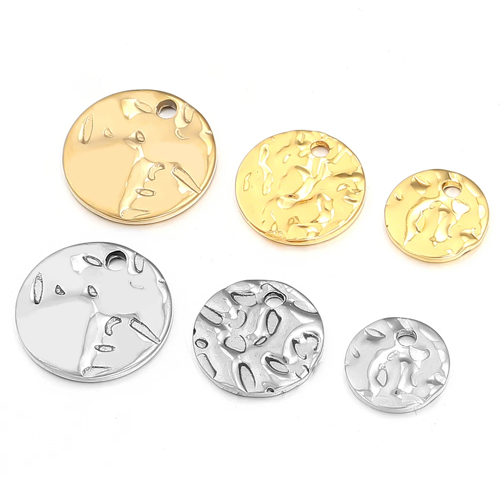 10pcs 8/10/12mm Hammered Disc Charms Gold Plated Stainless Steel Round Blank Coin Pendant For DIY Necklace Bracelet Making