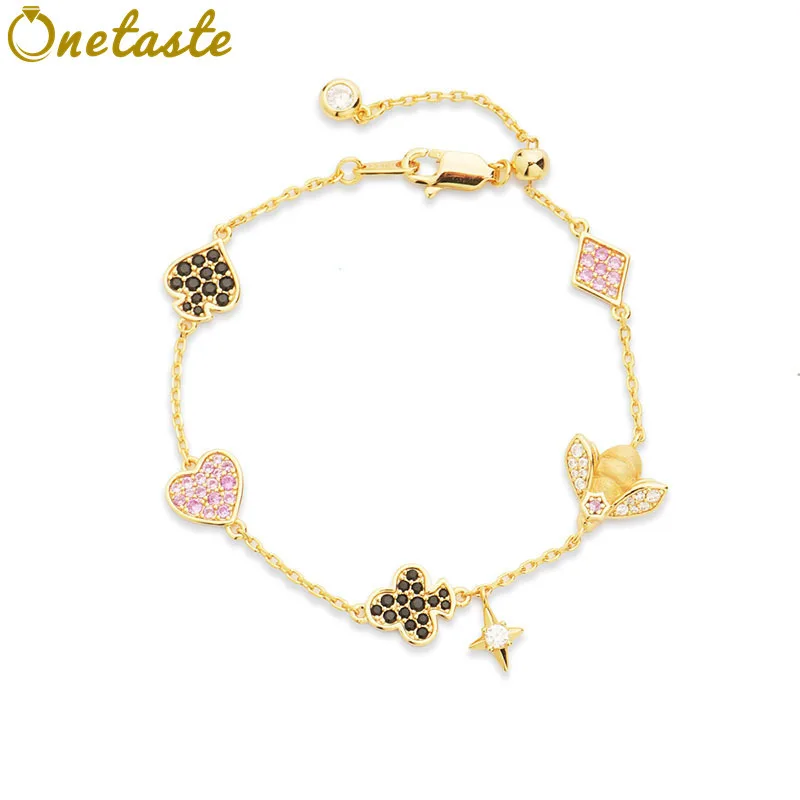 

925 Silver Gold Plated Cubic Zirconia Bee Poker Charm Bracelets Women Unique Trendy 18cm Adjustable Stack Link Chain Bracelet