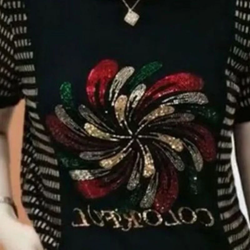 女性用半袖ルーズフィットシャツ,ハイウエスト,ルーズフィット,エレガント,ファッショナブル,プリント,ストライプ,クルーネック,シック,y2kトップス,夏,ニュー,2024