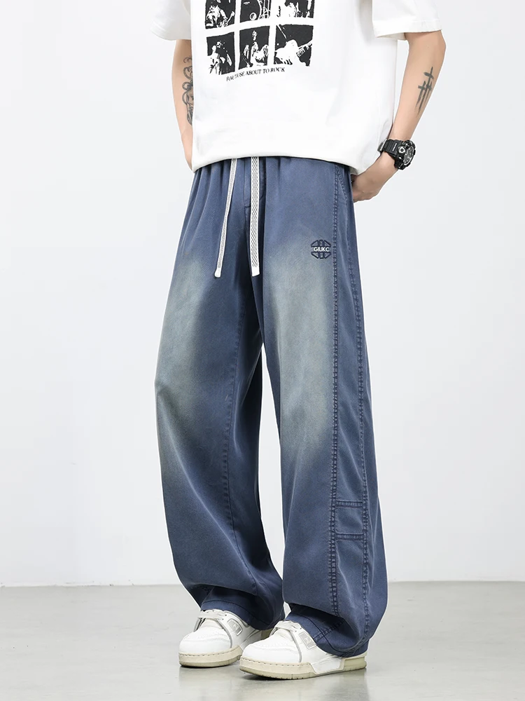 

Summer Lyocell Men's Jeans Soft Elastic Washed Casual Pants Loose Lightweight Embroidery Wide Leg Straight Denim Trousers