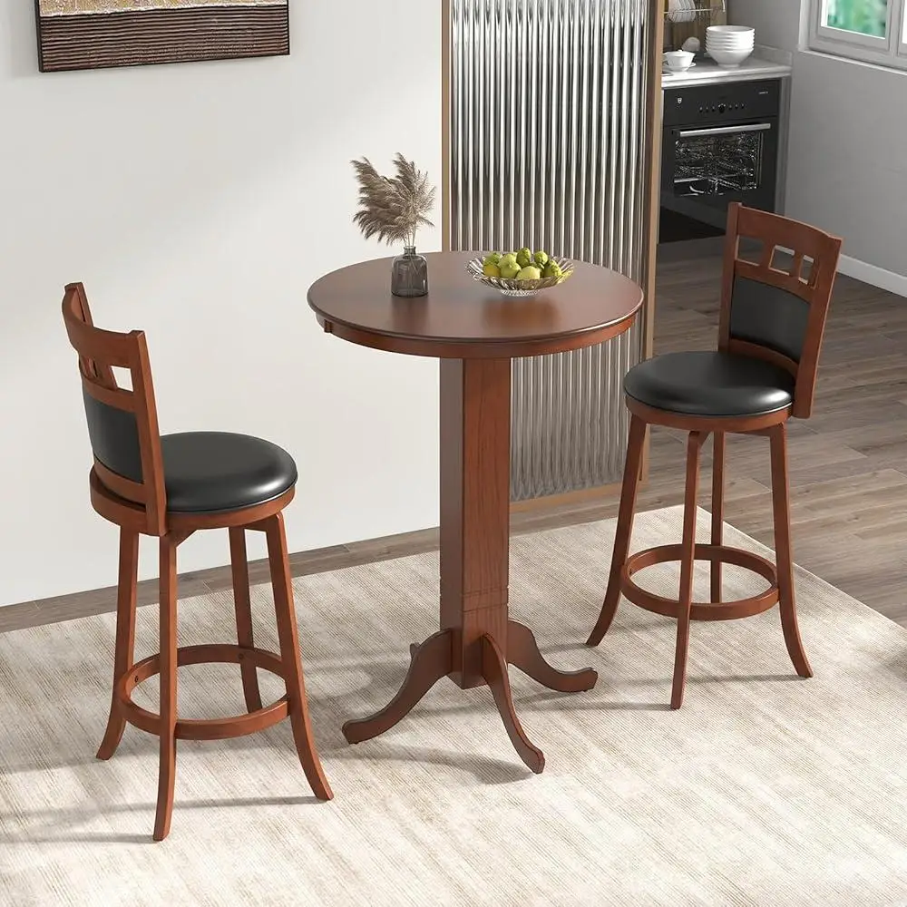 3 Piece Round Bar Table Set with 2 Upholstered Swivel Stools Rubber Wood Frame Kitchen Dining Home Decor