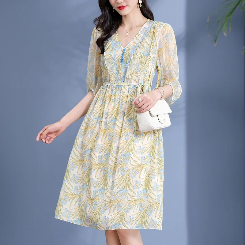 

Summer Dresses For Women Elegant V-neck High Waist Women's Floral Print Dress A-line 100% Real Silk Woman Vintage Long Dress