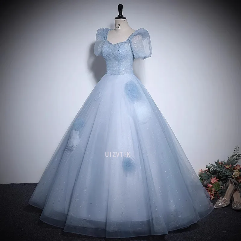 فستان حفلة موسيقية من التول الأزرق الأميرة ألف خط فساتين الأداء للنساء طول الأرض ثوب عيد ميلاد 15 Quinceañera ثوب التخرج