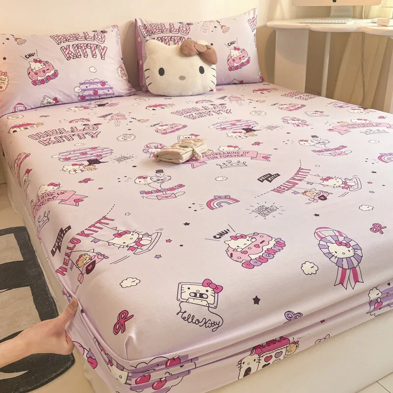 Sanrio-sábana bajera de algodón puro, juego de tres piezas, colcha de algodón de Hellokitty My Melody, bonita funda protectora envolvente