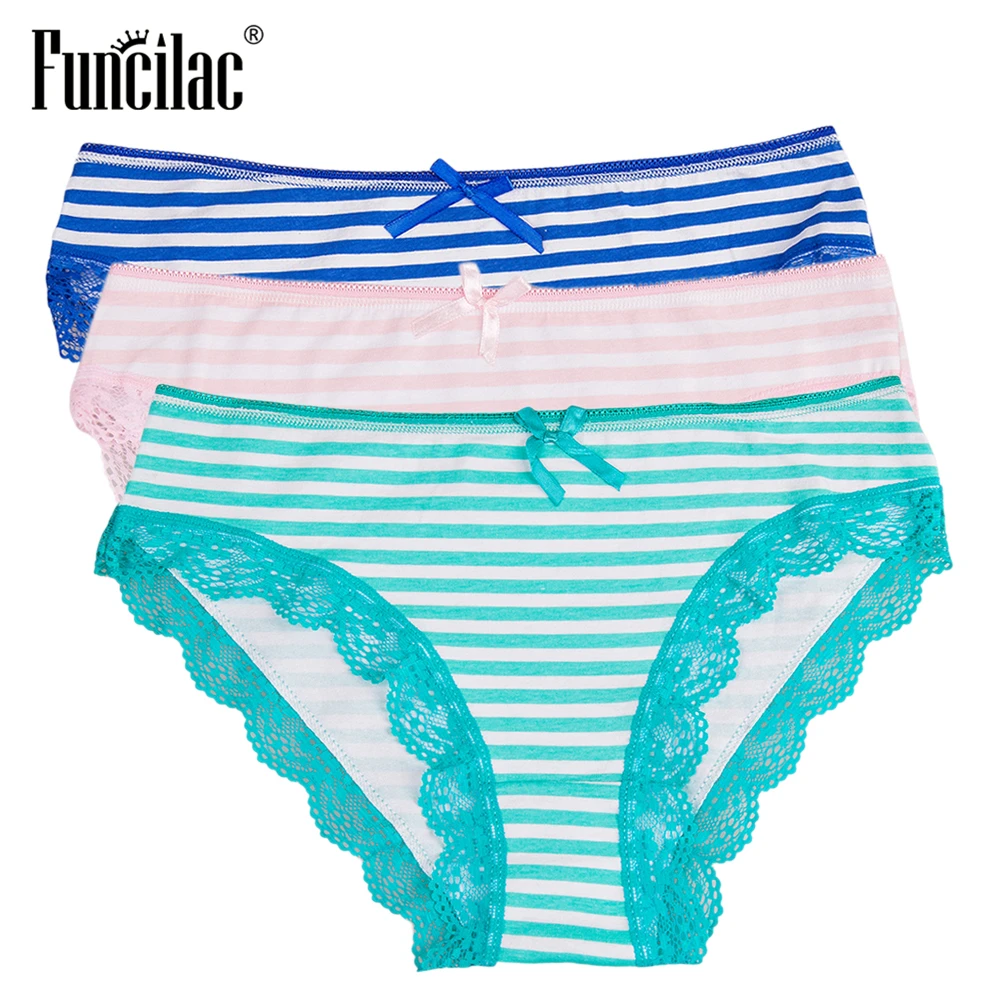 Underwear Women Cotton Ladies Panties Sexy Lace Striped Briefs Simple Pink Calcinha Plus Size Lingerie  3 pcs/set