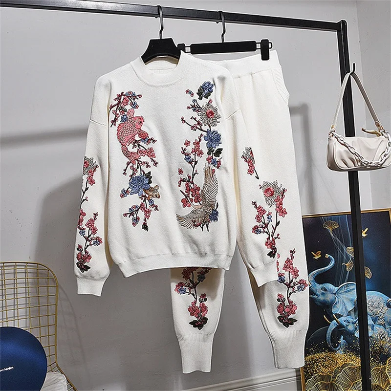 White Gray Black Knitted Tracksuit Women 2pc Embroidery Flowers Pullover Sweater Pencil Pants Set Female Loose Casual Knit Suit