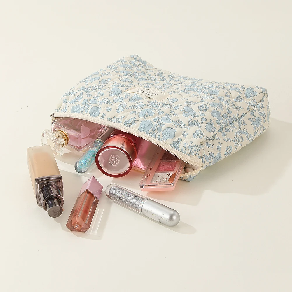 3Pcs Quilted Makeup Bag Printed Women Quilted Cosmetic Pouch Large Capacity Zipper Closure Girls Cotton Storage Bag Set