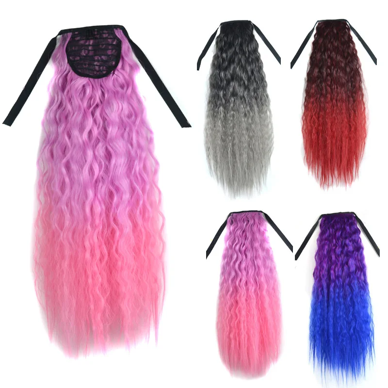 

22Inch Long Synthetic Corn Wave Ponytail Extension Clip In Ombre Red Pink Color Curly Wavy Hair Extensions Tie Up Hair Piece