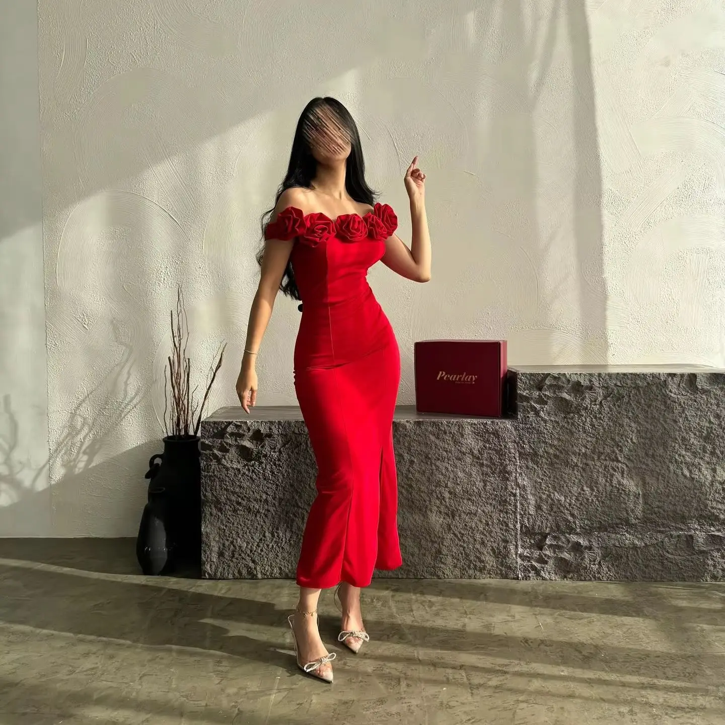 

Adeli Saudi Elegant Red Mermaid Prom Gown Women 3D Flowers Party Evening Dress Ankle Length Special Occasion Dresses customized