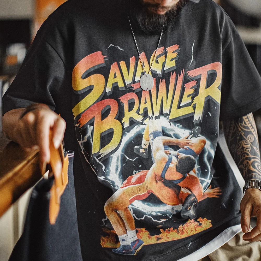 

Maden American Retro Streetwear T-irt Pure Cotton Loose ort Sve Spring Summer Casual round Ne Top for Men