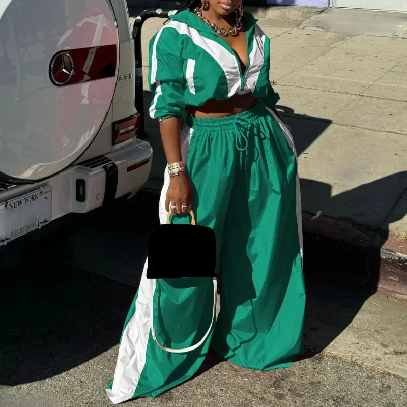 

GUWU Fashion Color Patchwork Women's Set Zipper Sweatshirt Jacket and Wide Leg Pants Suit Sporty Two 2 Piece Sets Tracksuit