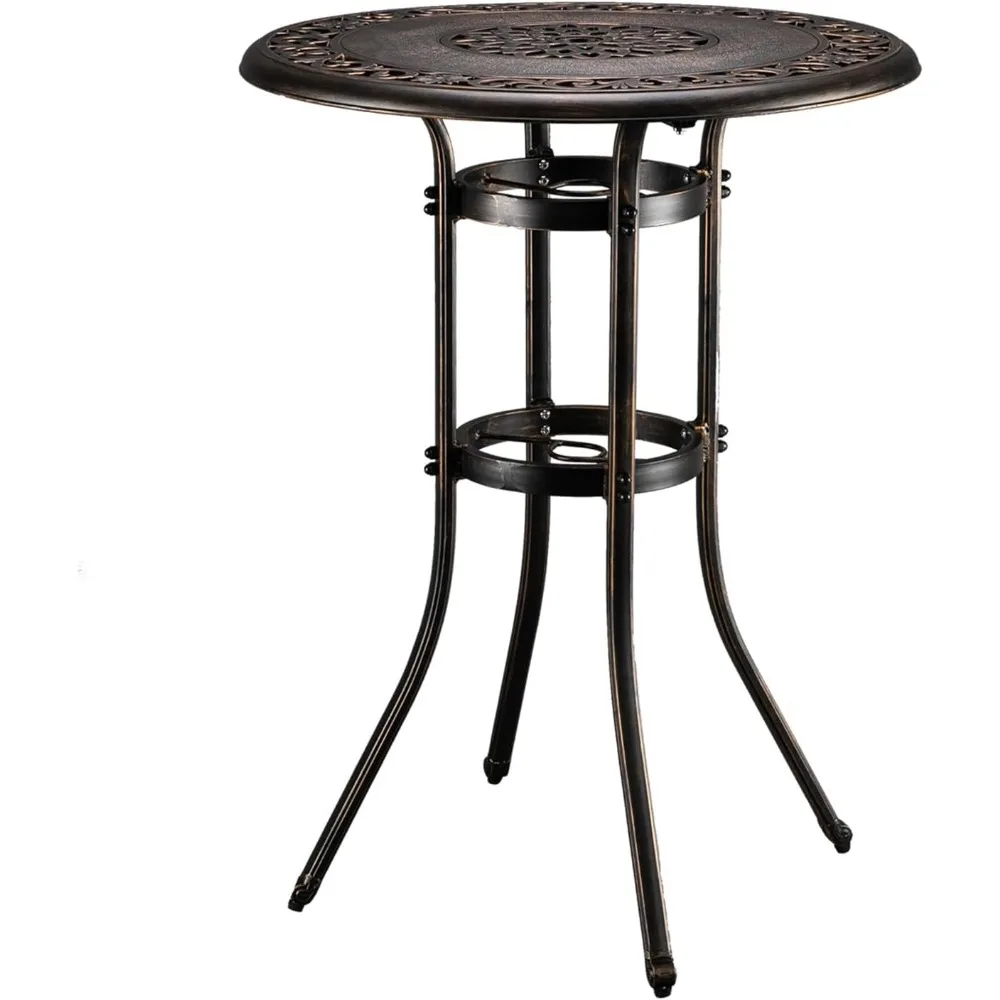 

32" Outdoor Bar Table, Patio Bar Height Table with Umbrella Hole, Round High Top Table, Cast Aluminum Tall Outdoor Table Bistro