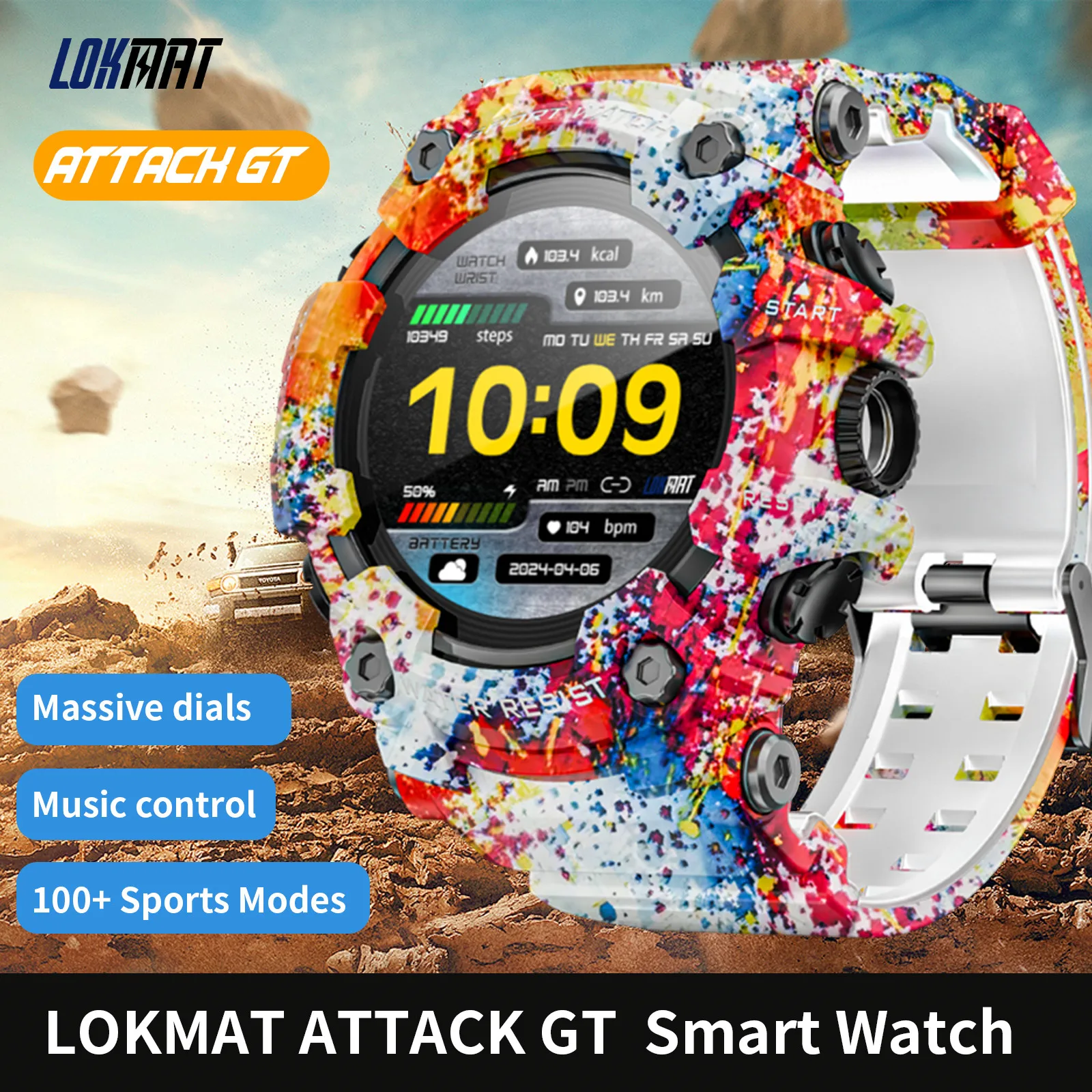 LOKMAT Rugged Sport Smart Watch ATTACK-GT Bluetooth Calls Colorful Waterproof Military Smartwatches with Flashlight for Phone