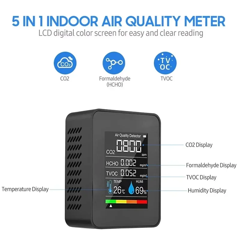 5 in 1 Multifunctional Digital Meter Tester For Carbon Dioxide Temperature Humidity Formaldehyde Detection Air Quality Monitor